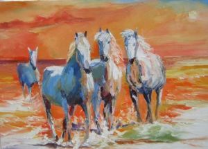 Voir le détail de cette oeuvre: féerie de chevaux au soleil couchant