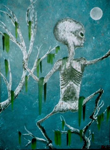 Alien sous la lune - Peinture - tazmaniko