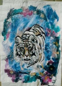 Peinture de Jocelyne Ruchonnet: tigre a la riviere