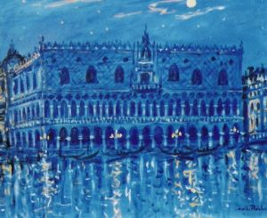 Peinture de EMILE ROCHER: Le Palais periode bleue Venise et la magie de la Nuit