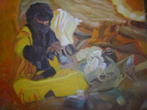Peinture de danielle lebas: touareg pose thé dans le désert