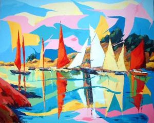 Peinture de Jean-Luc LOPEZ: Voiles au port de Gruissan