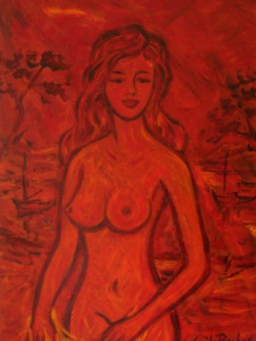 Nu sur fond rouge - Peinture - EMILE ROCHER
