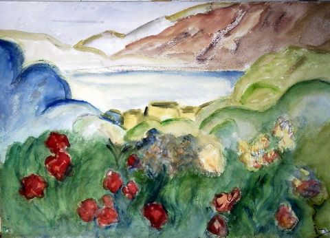 L'artiste tirsata - fleurs rouges sur baie