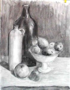 Dessin de guyjean: corbeille de fruits et bouteilles