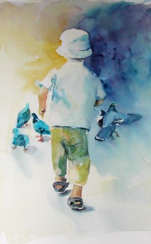 Enfant et pigeons - Peinture - Ferre