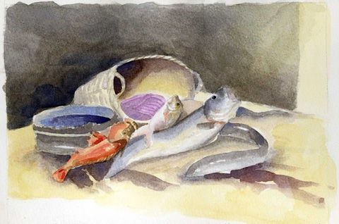 L'artiste patricia - nature morte aux poissons d'apres Victor Gensoller