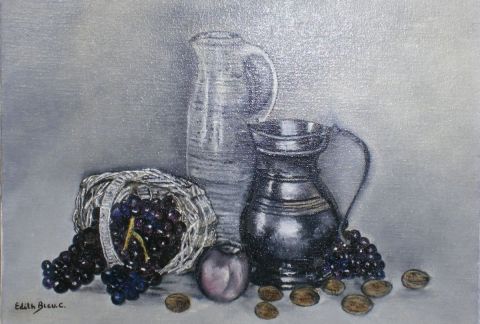 L'artiste Edith Bleu - Fruits et pots en etain