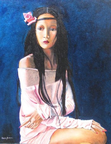 Rose dans les cheveux  - Peinture - Edith Bleu