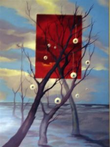 Peinture de evg: arbol con ojos cuadrado en el centro rojo