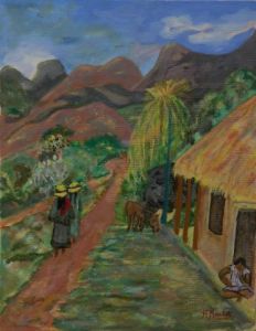 Peinture de H MAUDET: petit  sentier dans la colline hommage a gauguin