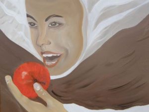 Peinture de Lucette JULIEN: femme croquant la pomme