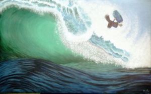 Peinture de Jaska: vague avec surfeur a la planche bleue