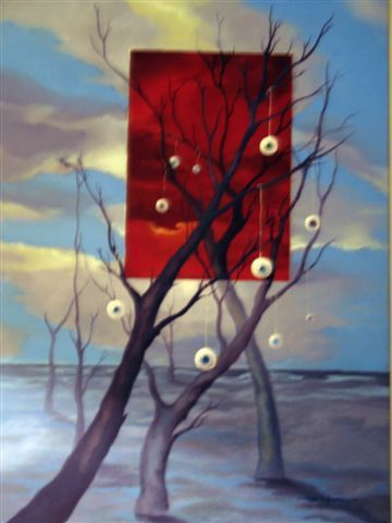 arbol con ojos cuadrado en el centro rojo - Peinture - evg