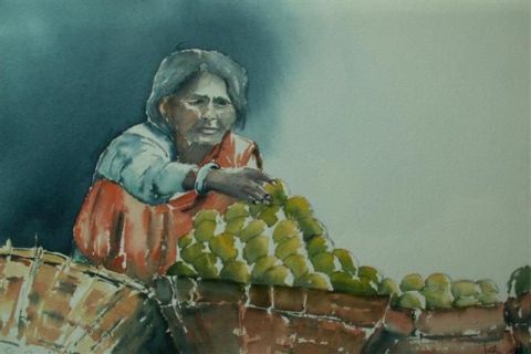 marchande de fruits inde - Peinture - Gilles BRUNERIE