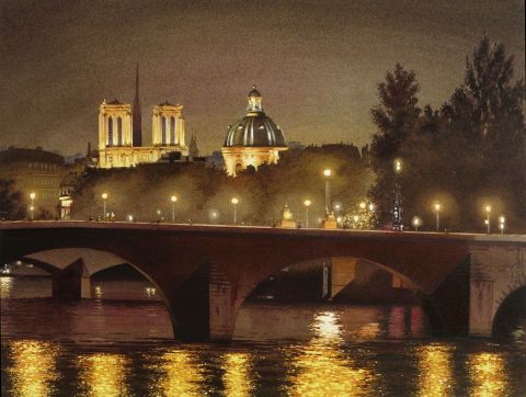 Minuit sur la Seine de Paris - Peinture - Thierry Duval Minuit sur la Seine de Paris - Peinture - Thierry Duval