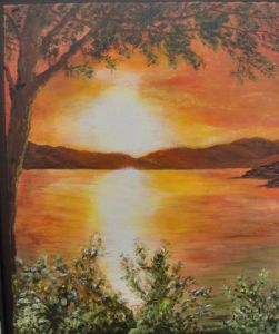 Peinture de domnanteuil: Lever de soleil sur un lac