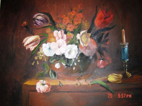 FLOWERS UNDER CANDLE LIGHT - Peinture - Luigi Latini De Marchi - Maitre Venitien 