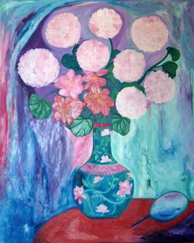 Bouquet romantique au vase de Chine - Peinture - Flocy Abguillerm