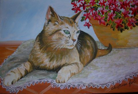 le chat et le geranium - Peinture - christiane Forli