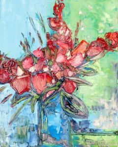 Peinture de SOPHIE BOURGON: Bouquet de Roses au Vase Bleu