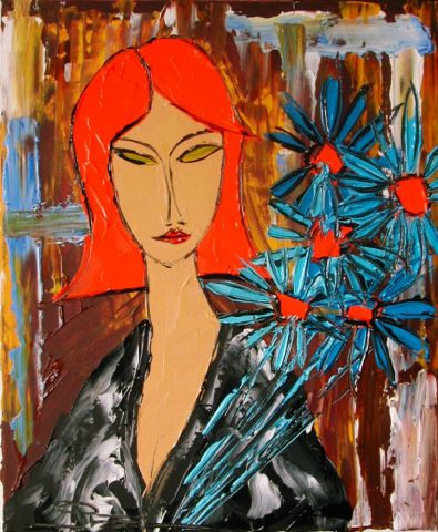 L'artiste JIEL - JEUNE FEMME ROUSSE AU BOUQUET BLEU L'artiste JIEL - JEUNE FEMME ROUSSE AU BOUQUET BLEU