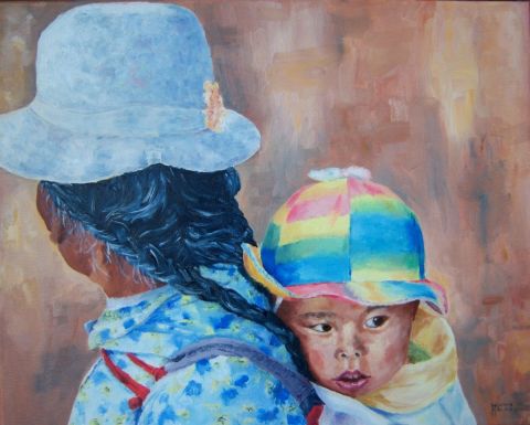Grand-mère et bébé Tibet - Peinture - Agathe BONNET