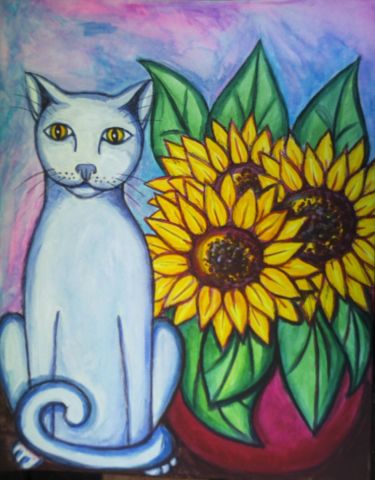 Le chat aux tournseols I - Peinture - Stephane CUNY