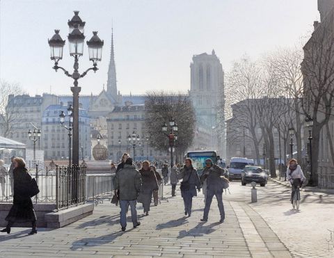 L'artiste Thierry Duval - Hiver ensoleillé sur la place de l'hôtel de ville de Paris L'artiste Thierry Duval - Hiver ensoleillé sur la place de l'hôtel de ville de Paris