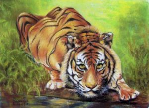 Peinture de domnanteuil: tigre au bord de l'eau