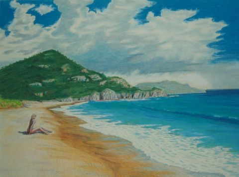Femme assise sur une plage méditerranéenne - Peinture - Robert Sechehaye