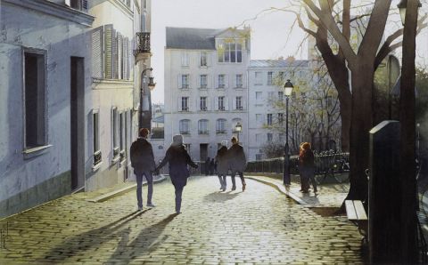 Soleil couchant sur les pavés de Montmartre - Peinture - Thierry Duval Soleil couchant sur les pavés de Montmartre - Peinture - Thierry Duval