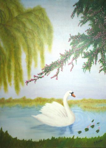 printemps, cygne sur l'eau - Peinture - marysedu85