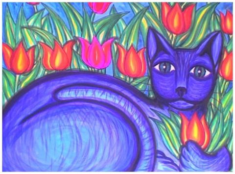 L'artiste Stephane CUNY - Die blaue Katze im Feld von Tulpen