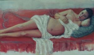 Peinture de Johanne Molaison: La femme enceinte au divan rouge