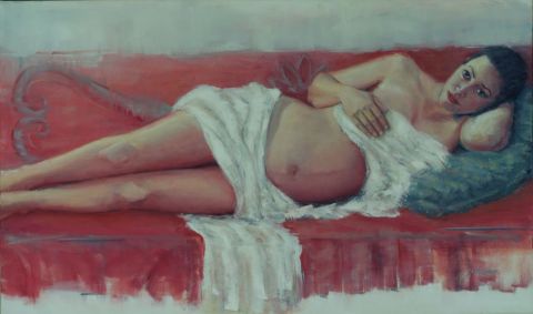 La femme enceinte au divan rouge - Peinture - Johanne Molaison La femme enceinte au divan rouge - Peinture - Johanne Molaison