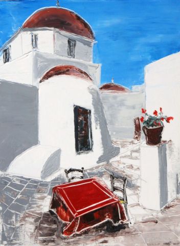 La table rouge en Grèce - Peinture - Pierre BUCHEL