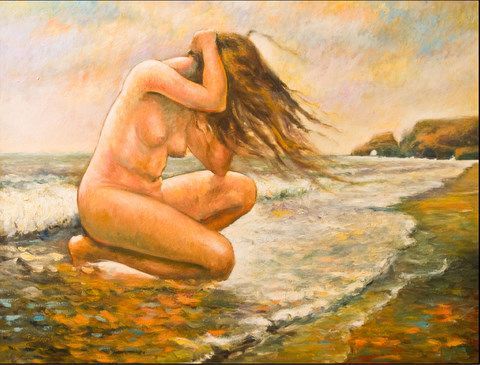 nu de femme à la plage aux Iles de la Madeleine - Peinture - PIERRE BRAULT