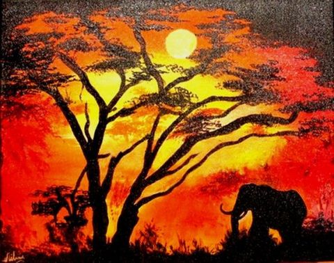 le coucher de soleil et l'éléphant - Peinture - melanie lemar