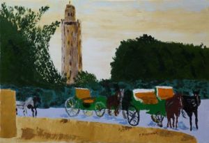 Peinture de Le Champenois: Marrakech, la mosquée, les calèches