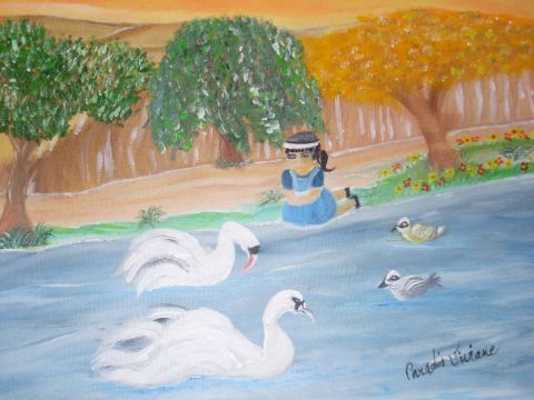 petite fille au bord du lac regardant les cygnes - Peinture - vivi