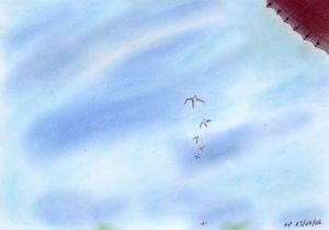 Oeuvre de Chtipat: Vol de sternes blanches dans le ciel seychellois