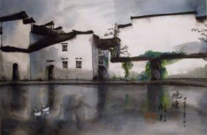 Peinture de ZHOU CONG: La place au miroir de Hongcun