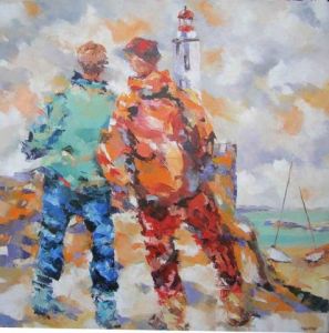 Peinture de olivier lecourtois: Les deux pêcheurs au phare