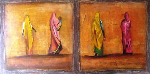 femmes en rose et jaune - Peinture - ASTRID ANIDJAR