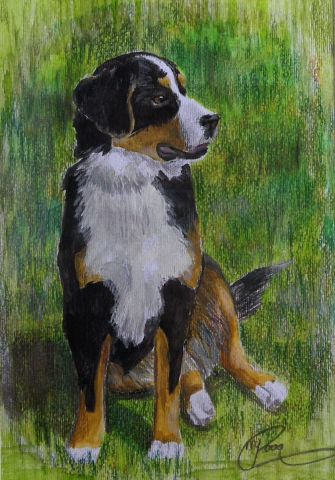 chien sur l'herbe - Peinture - Maaike Poog
