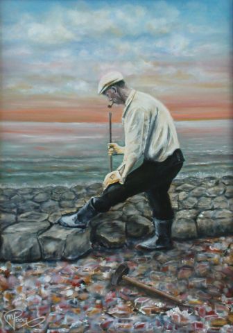 My grandfather working on the Afsluitdijk - Peinture - Maaike Poog