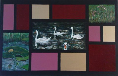 Timber-framed painting with swans - Peinture - Maaike Poog
