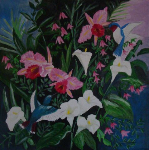 orchidées et colibris - Peinture - marie therese bas