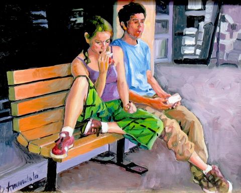 L'artiste Dominique  Amendola  - Couple sur un banc